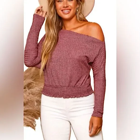 Peach Love California Sparkle Pink Mauve Ribbed Asymmetrical Top Women’s Size L - Picture 2 of 7